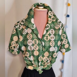 mid century top  Atomic Penguin print button front Dagger Collar super Mod SM